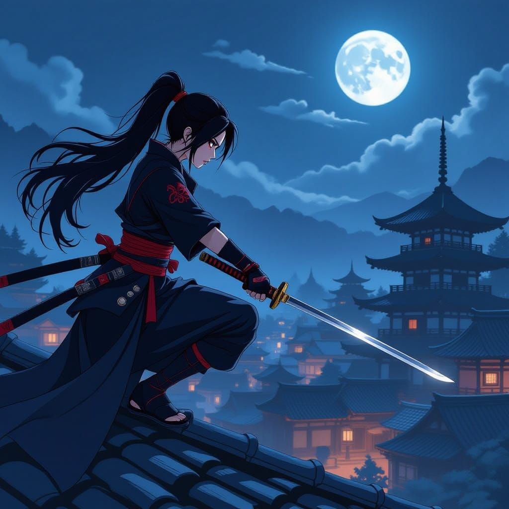 Ninja Warrior on Rooftop Overlooking Village