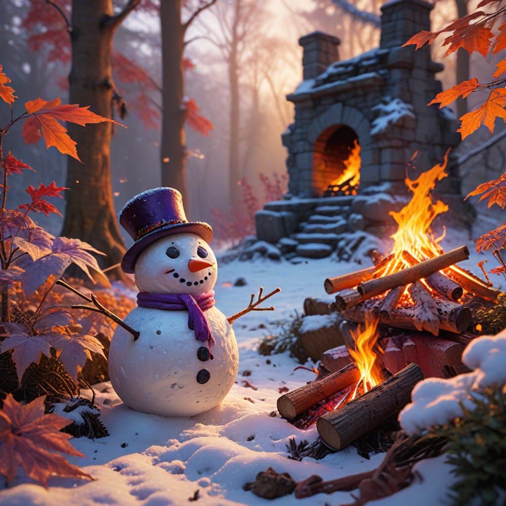 Melting Snowman by Bonfire at Sunset