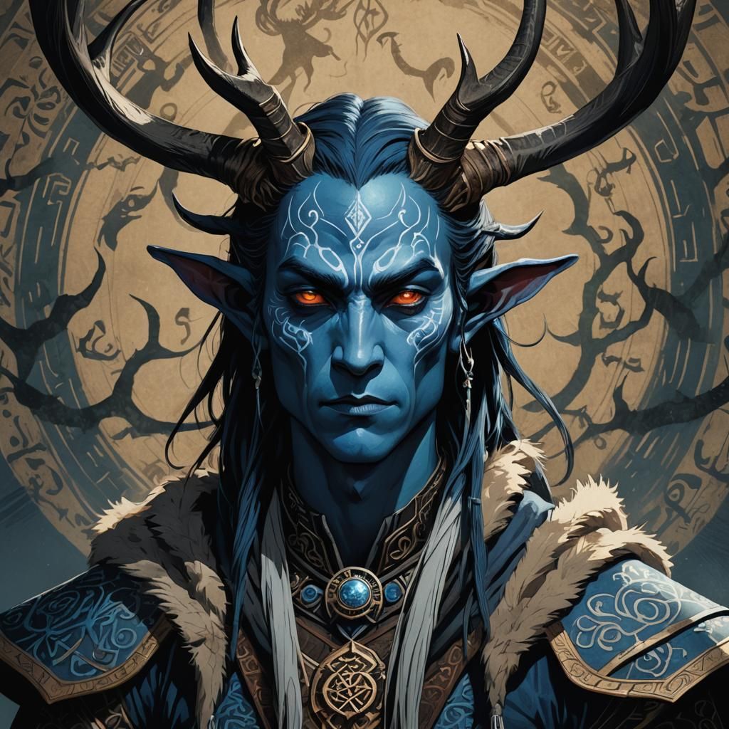 Blue-Skinned Dark Elf Portrait in Film Noir Style