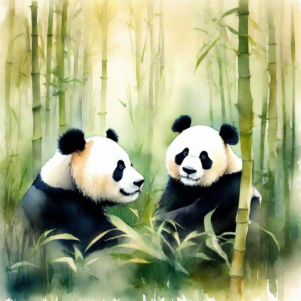 Whimsical Watercolor of a Panda in a Bamboo Forest
