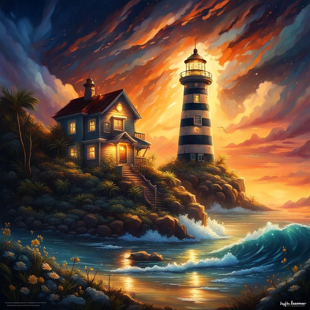 Lighthouse in Paradise: Detailed Fantasy Art