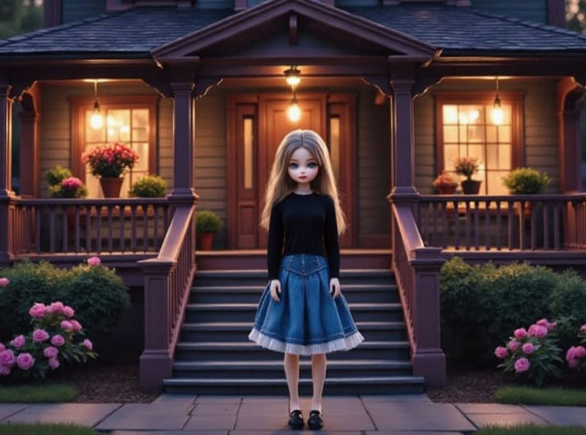 Photorealistic Doll on Shingle House Porch in 3D