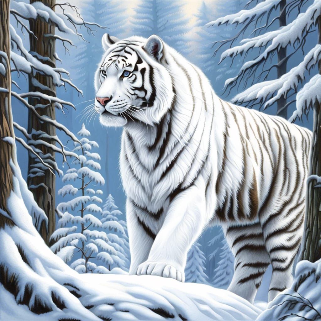 White Siberian Tiger in Snowy Forest: Airbrush Art