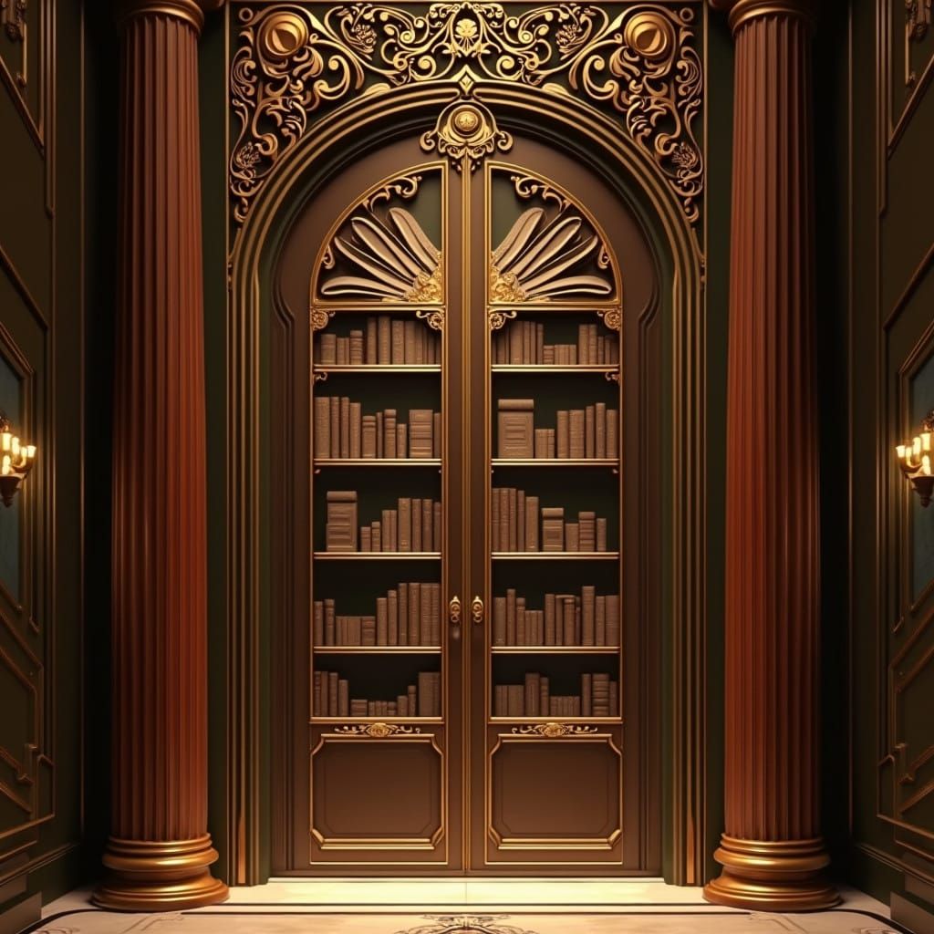 Elegant Library Entrance in Luxurious Brown and Gold