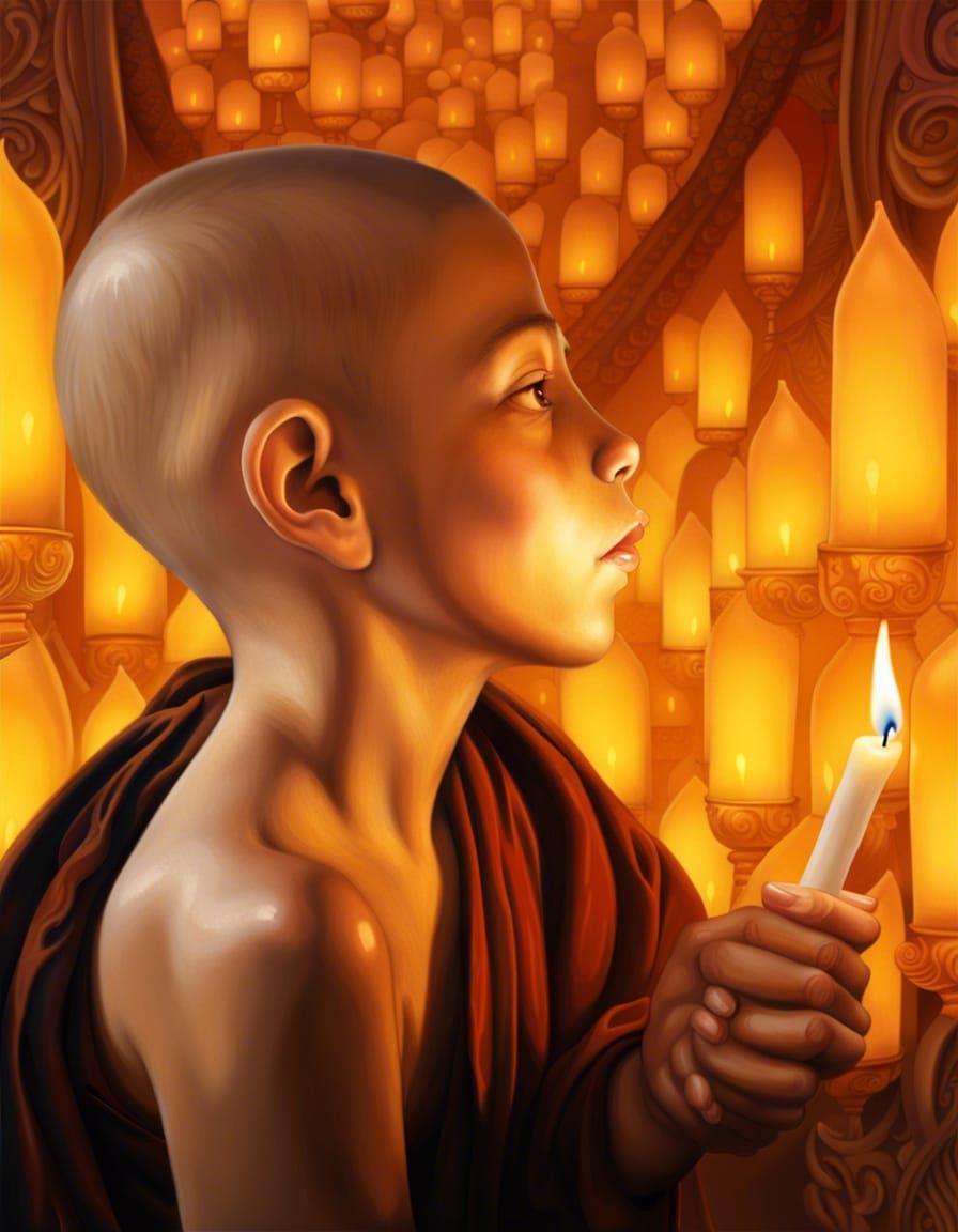 Photorealistic Young Monk Holding Candle