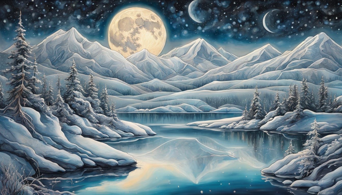 Moonlit Winter Wonderland in Ethereal, Dreamy Night Atmosphe...