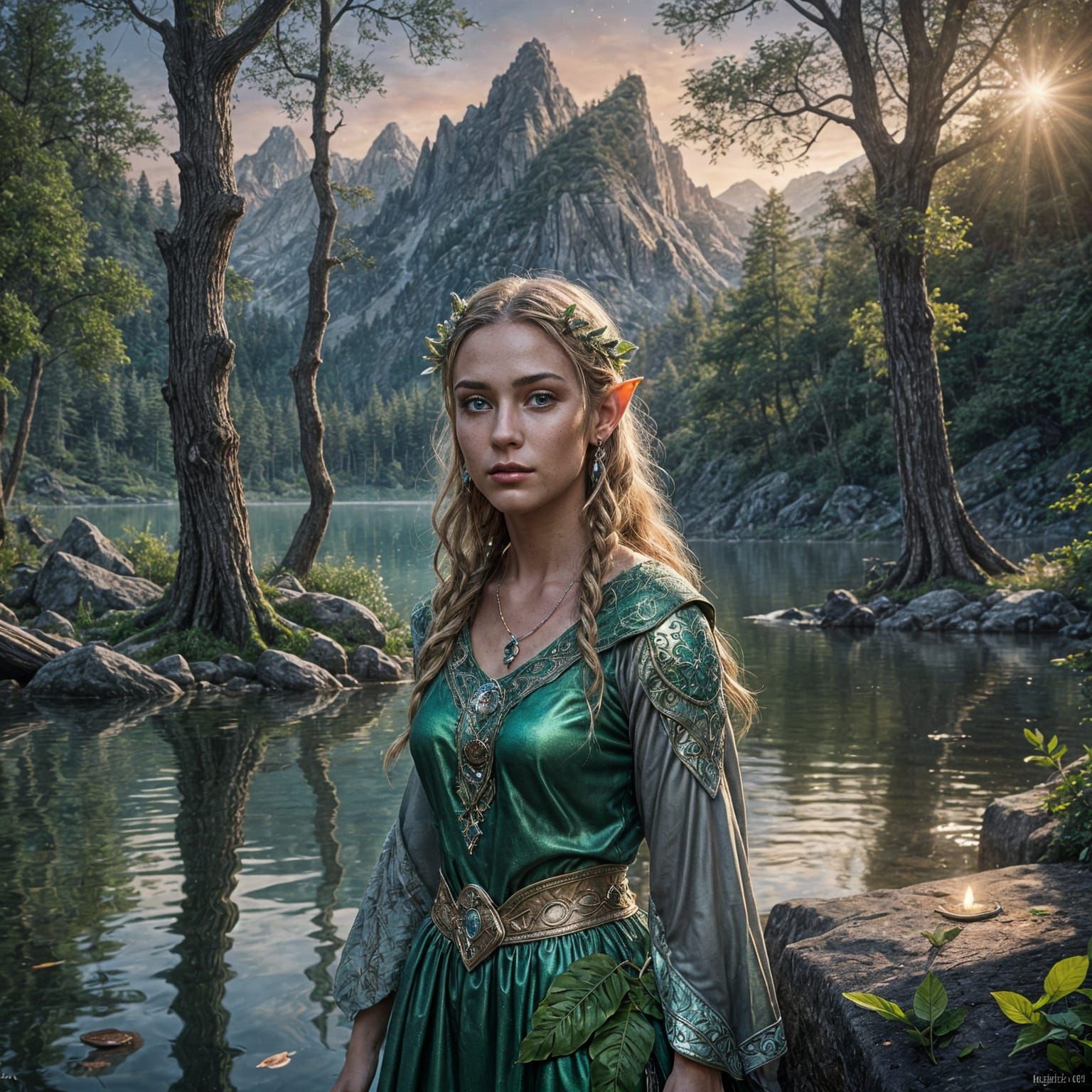 Elf in Magical Twilight Forest Landscape, Fantasy Art