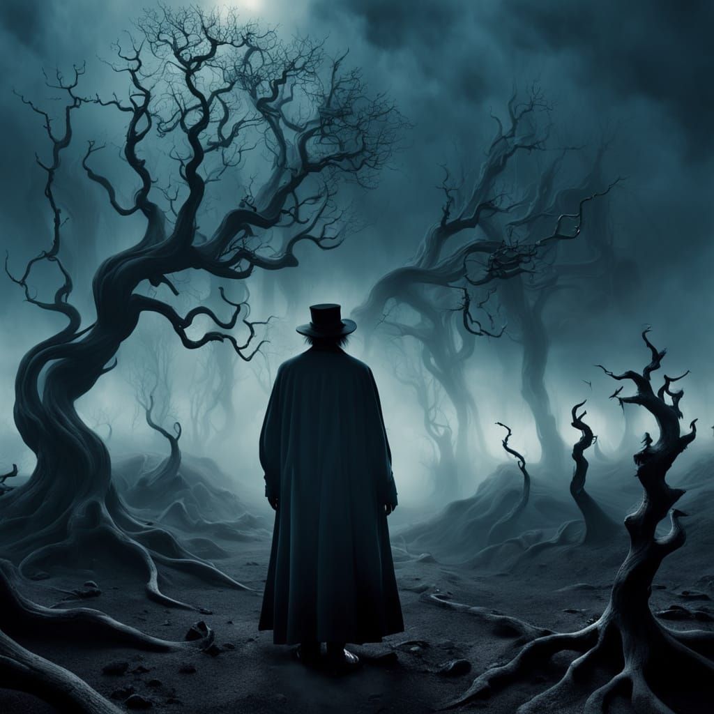 Mysterious Figure in a Desolate, Fog-Shrouded Landscape