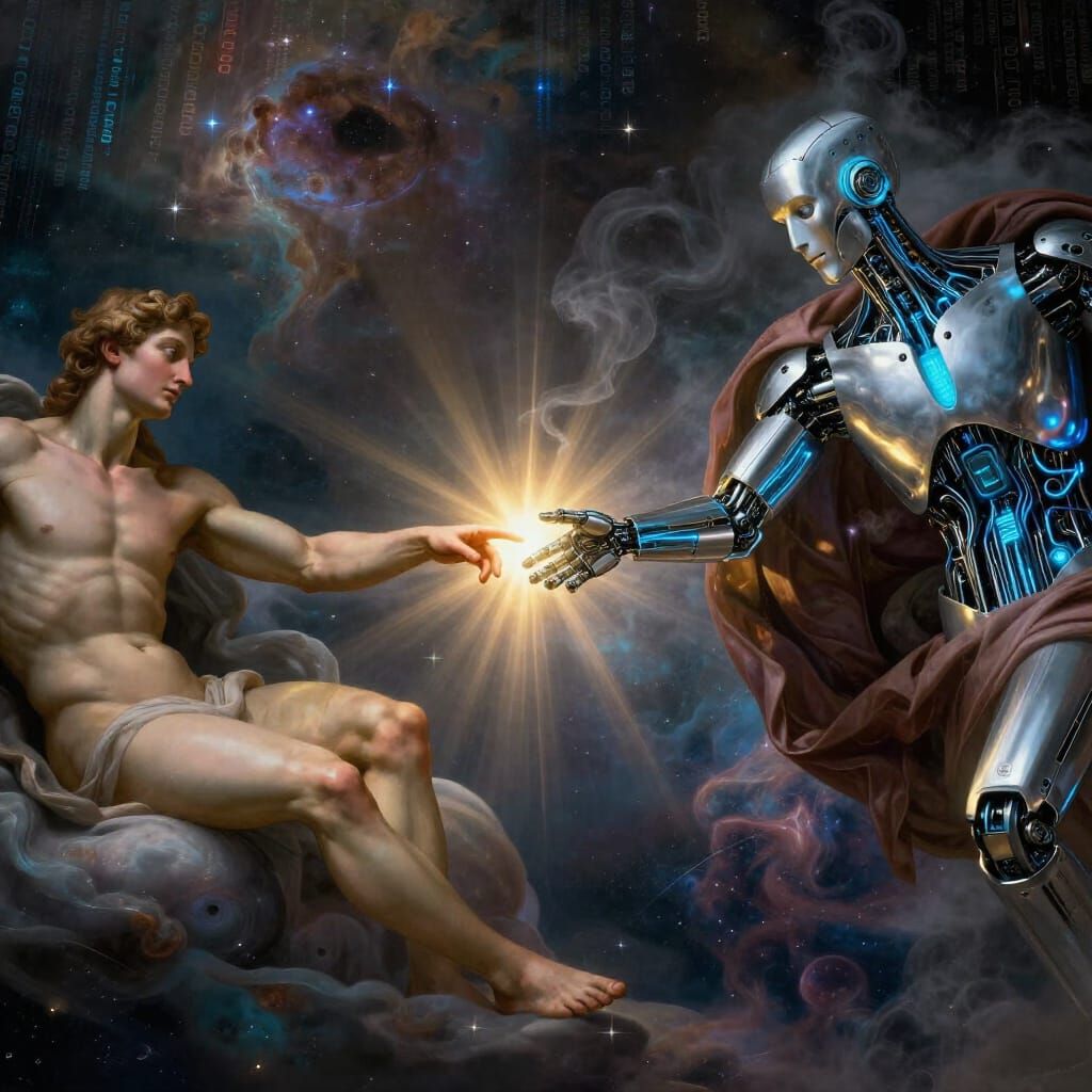 AI Reimagines Creation of Adam in Cosmic Renaissance Style
