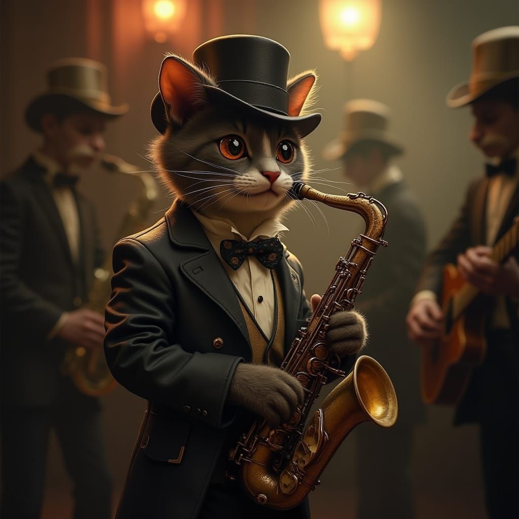 Sly Feline Jazz Icon in Dark Fantasy Art Nouveau