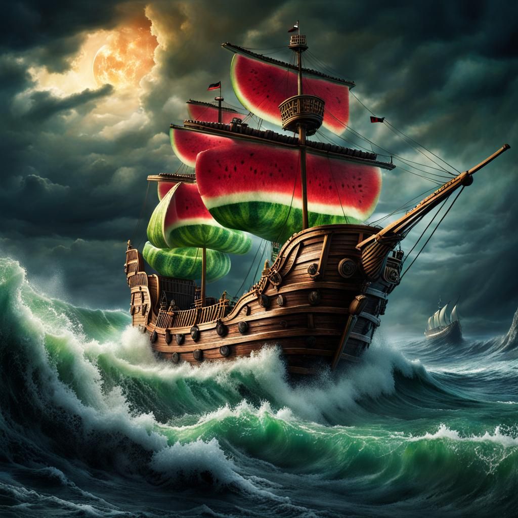 Watermelon Pirate Ship Breaks Through Stormy Seas