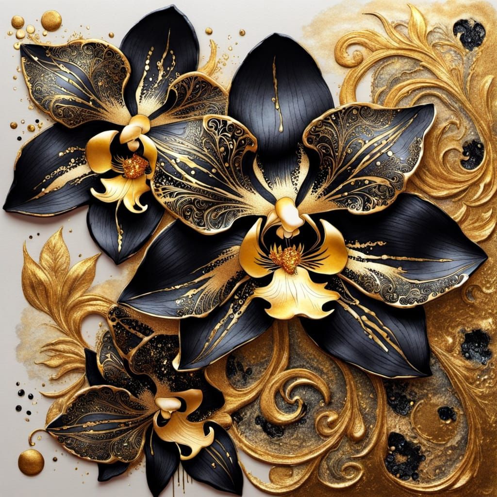 Black and Gold Orchid with Brocade and Glitter