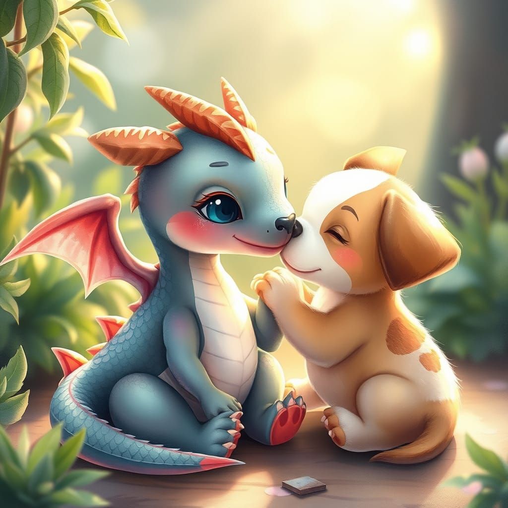 Whimsical Baby Dragon and Puppy Friends in Dreamy Landscape