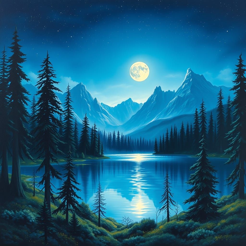Moonlit Forest Lake & Mountains Landscape Painting