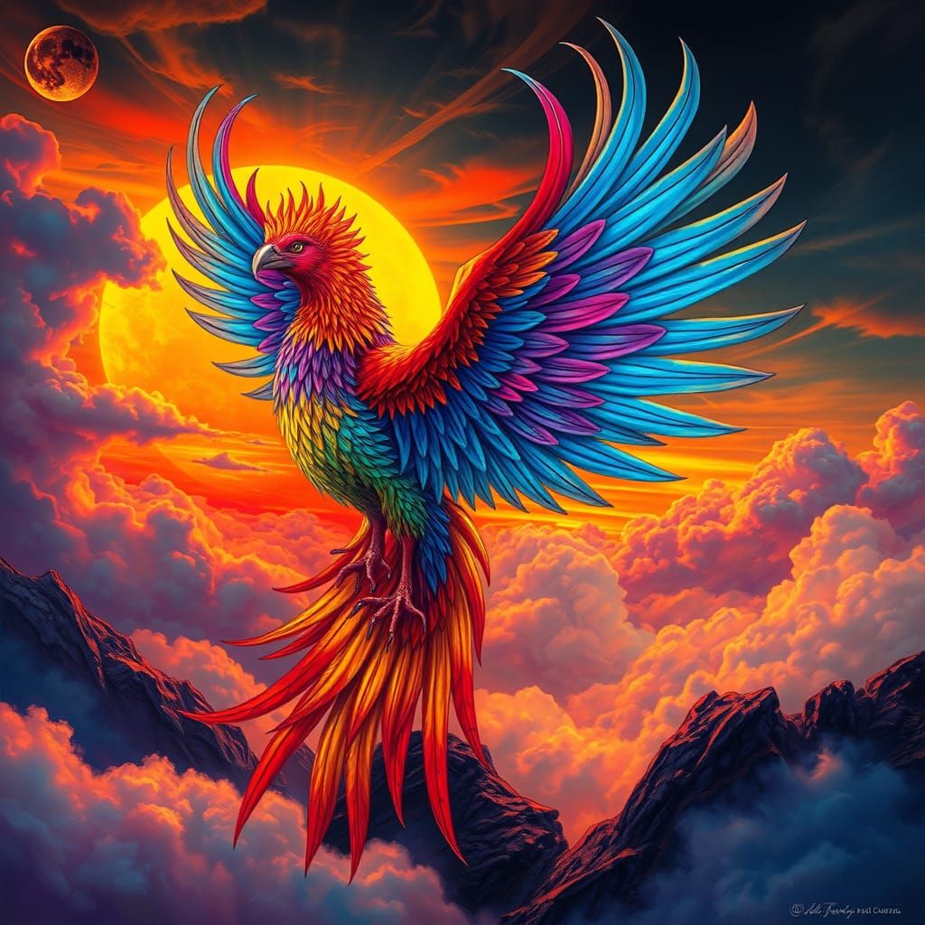 Vibrant Phoenix in Futuristic Sunset Landscape