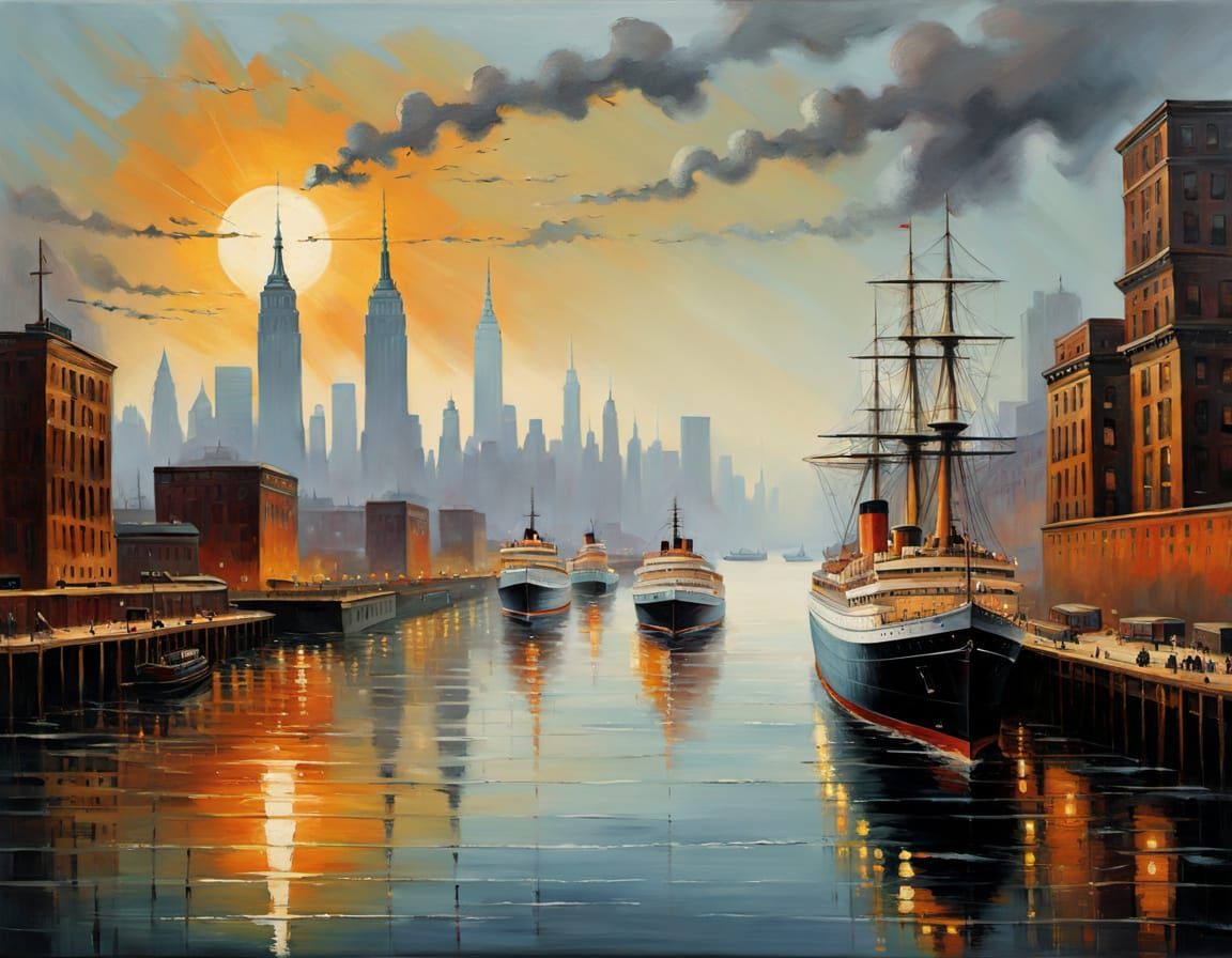 Surreal Oil Painting of Majestic New York Harbor at Dawn