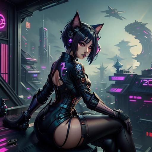 Futuristic Catgirl on Rooftop in Cyberpunk Style