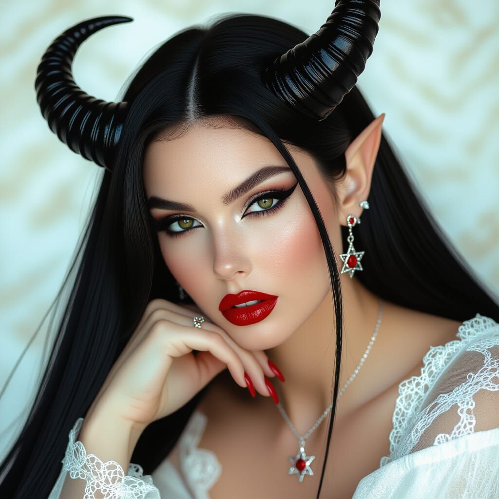 Dramatic Goddess with Pentagram Necklace in Film Still