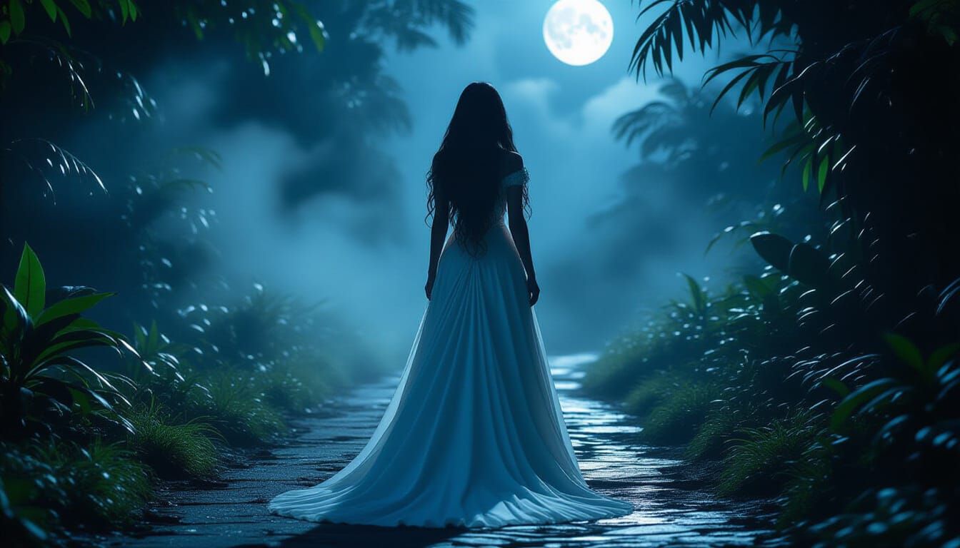 La Siguanaba in White Gown on Misty Jungle Path