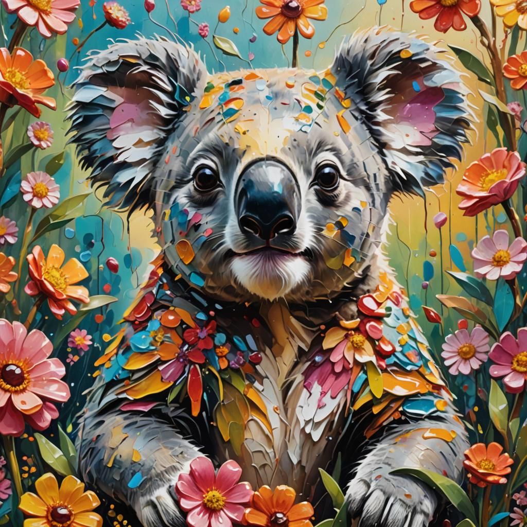 Koala in Flower Garden: Candy Art Oil Painting