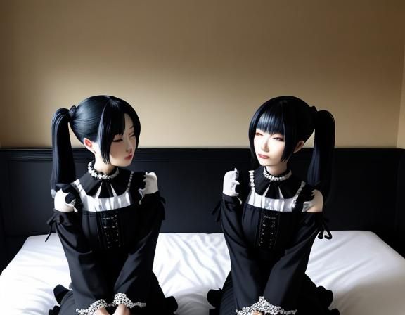 Gothic Kitsune Twins Kissing in Bedroom