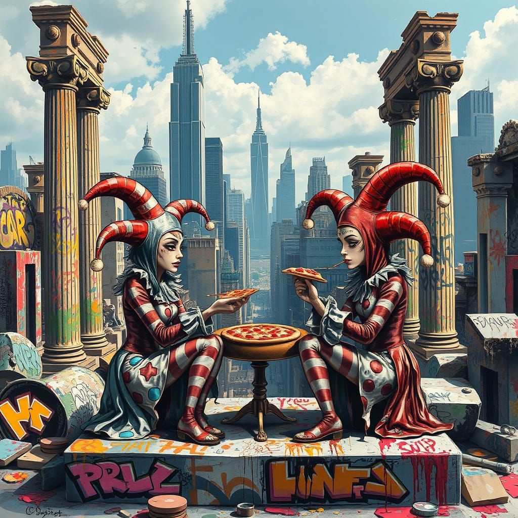Urban Renaissance: Women in Jester Costumes Dine on Pizza Am...