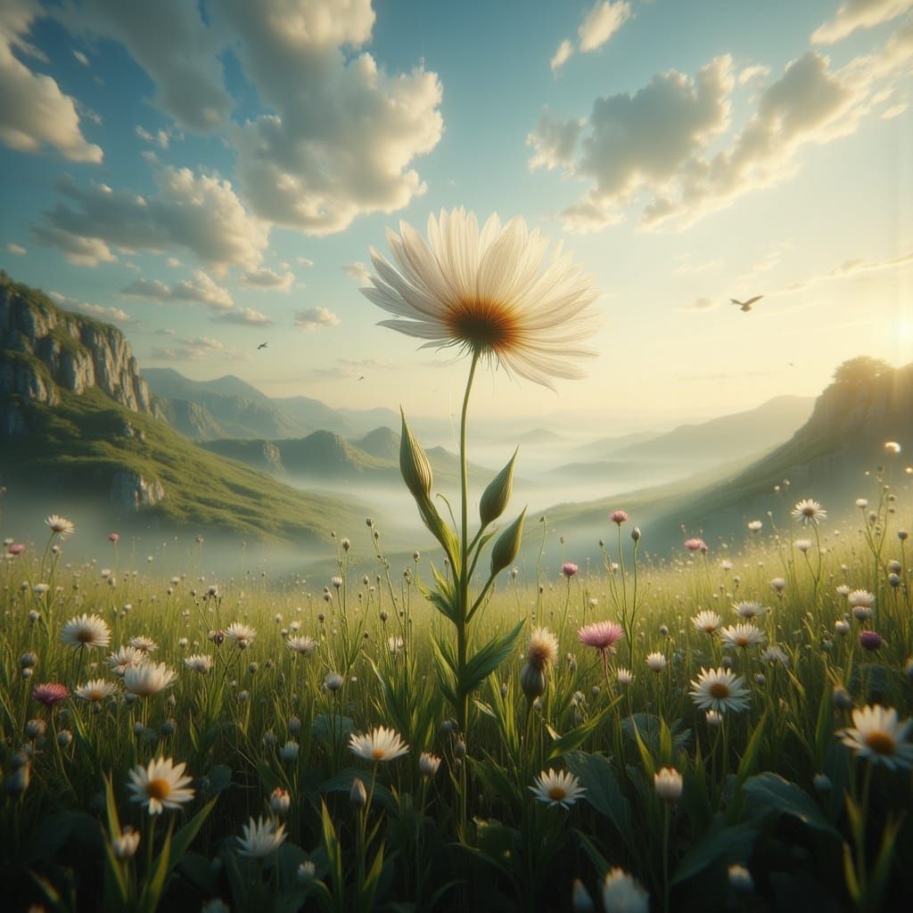 Delicate Flower in English Meadow, Ultra-Realistic 8K