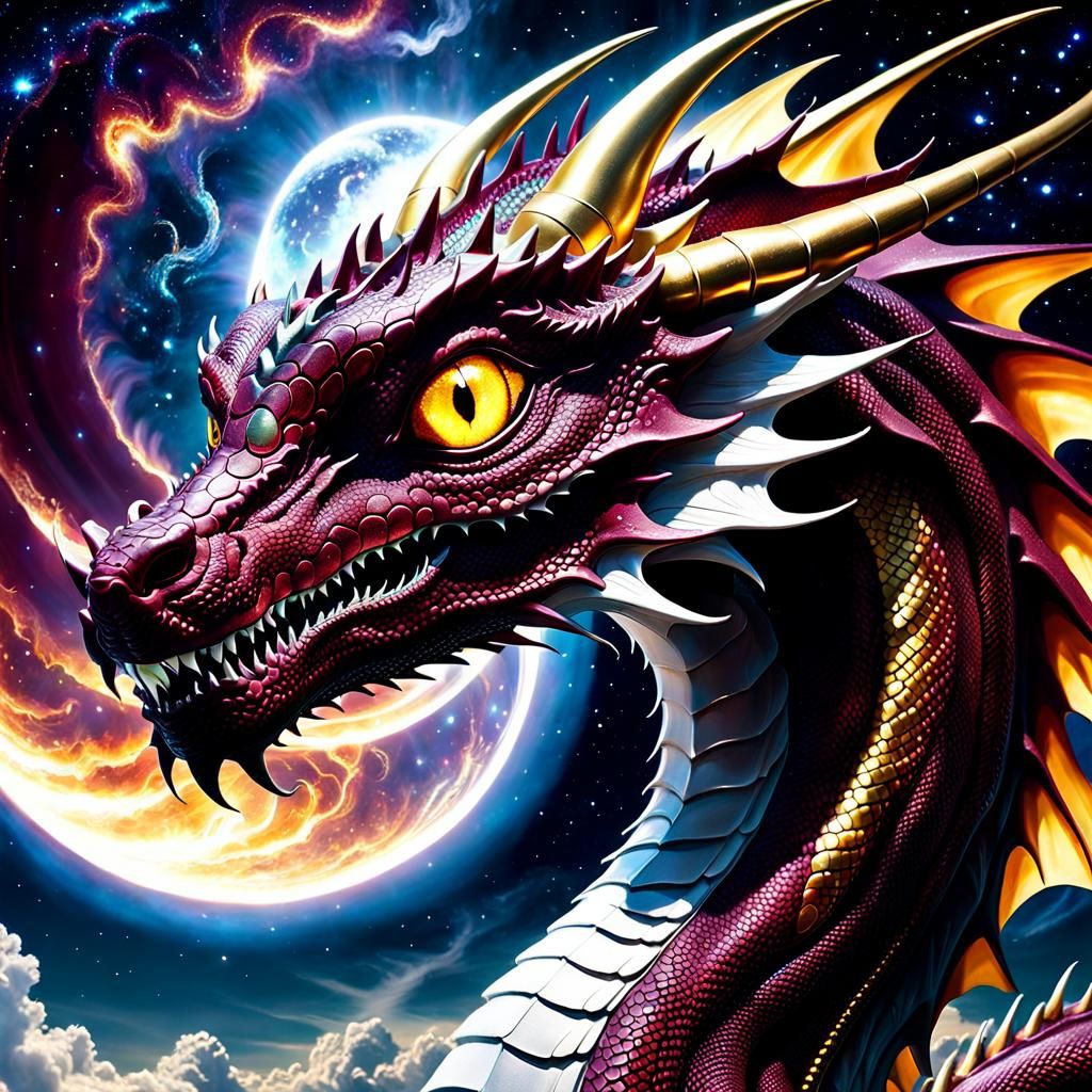 Maroon Dragon in Cosmic Fantasy Art Style