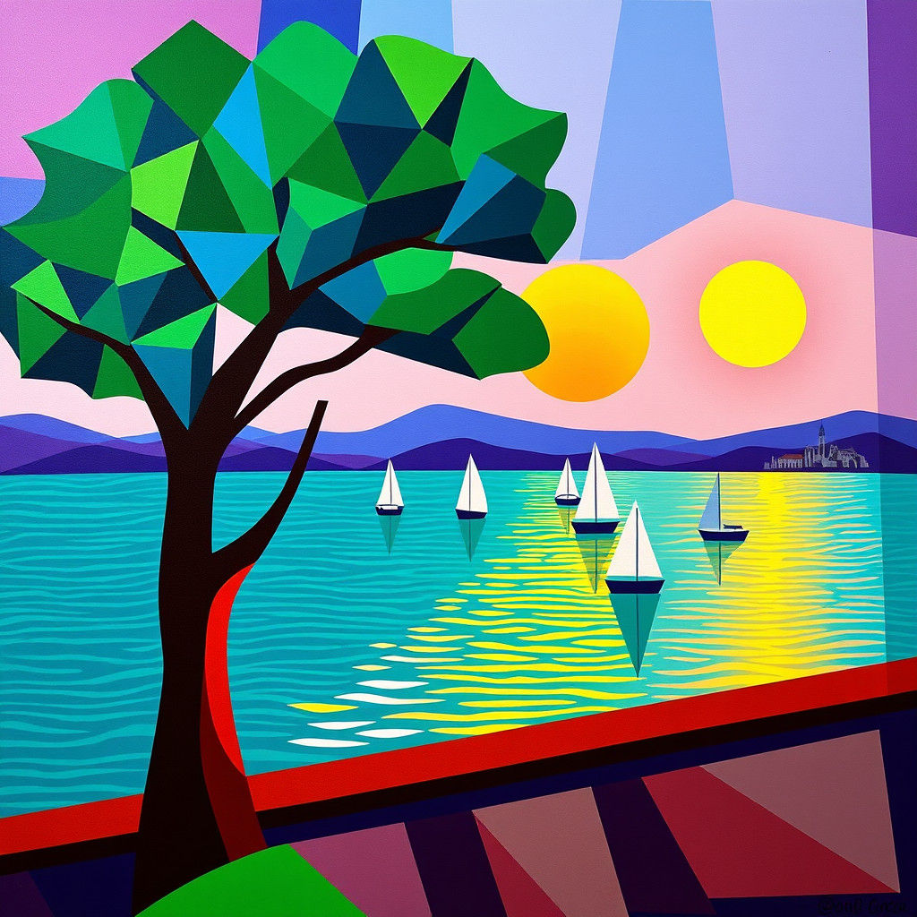 Geometric Waterfront Sunset in Cubist Style