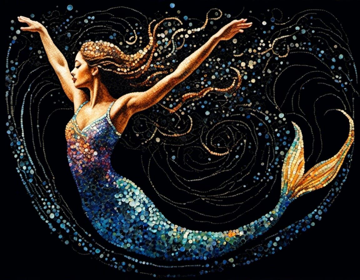 Micropointillist Mermaid Descending into Shimmering Depths