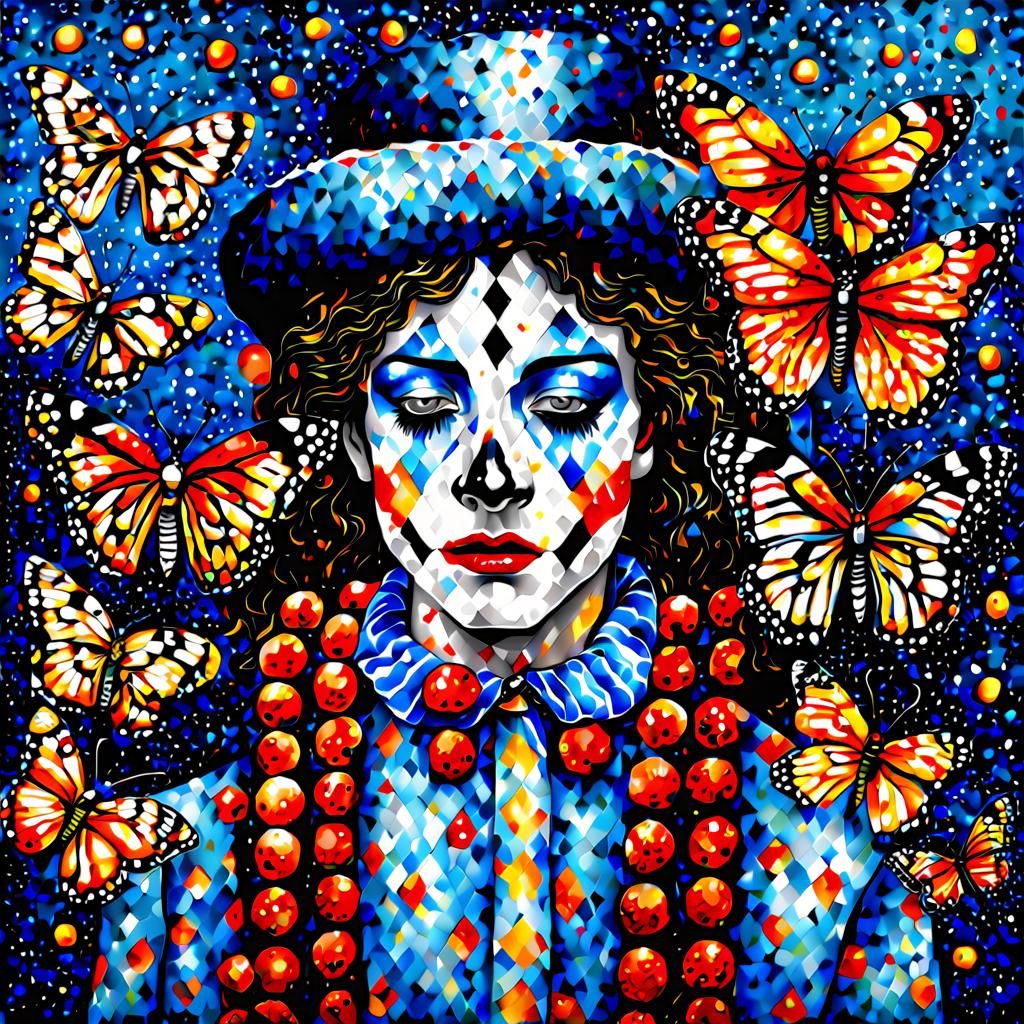 Sad Harlequin Mime in Pointillism Style