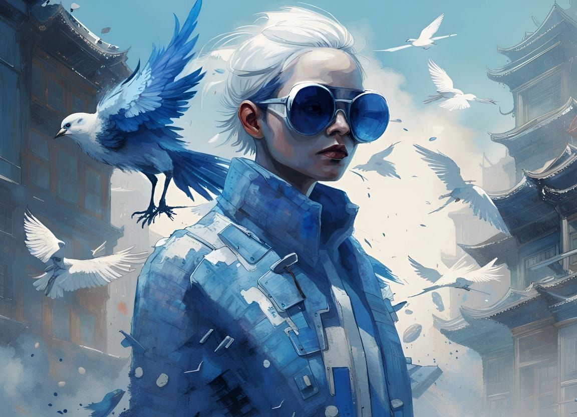 Blue and White Porcelain Bird in Cyberpunk Style