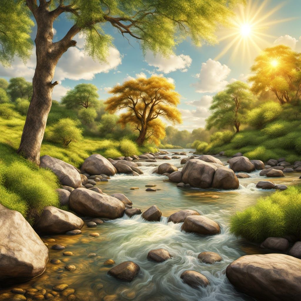 Serene Riverside Landscape in Photorealistic Oil Painting St...