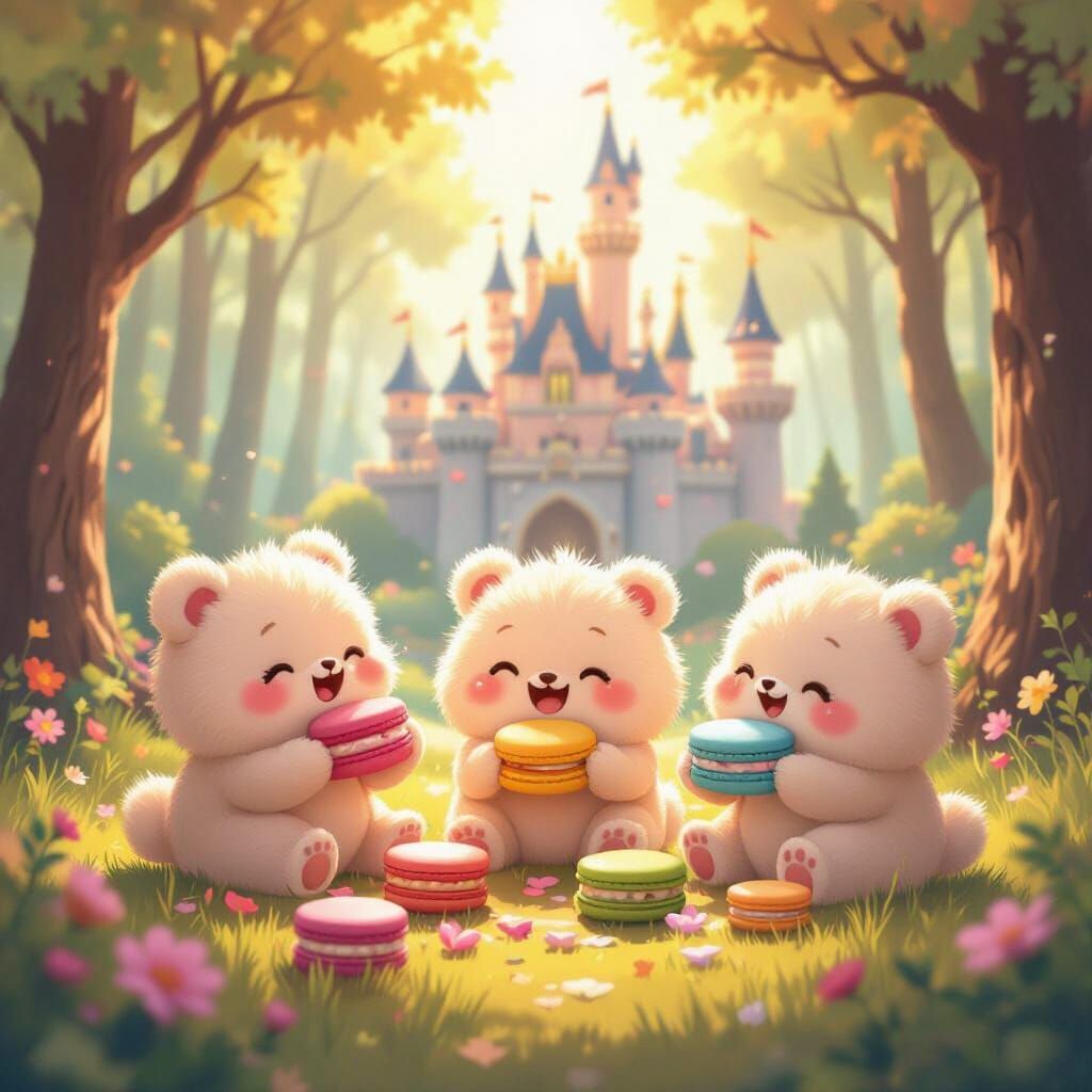 Fluffy Sand Characters Enjoying Macarons in Whimsical Forest