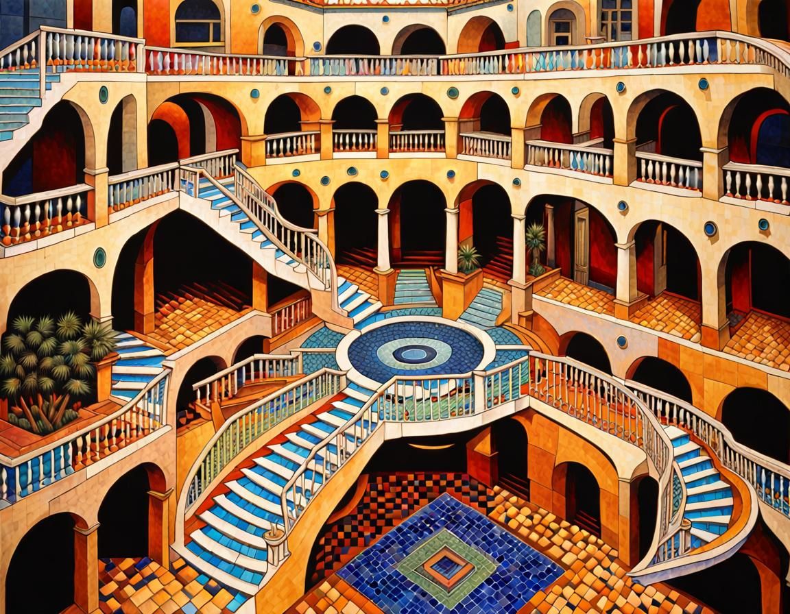 Escher-Inspired Optical Illusion Architecture with Mosaic De...
