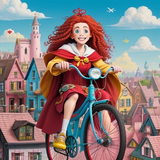 Pixar-Style Girl Rides Candy Bicycle Above Whimsical Village