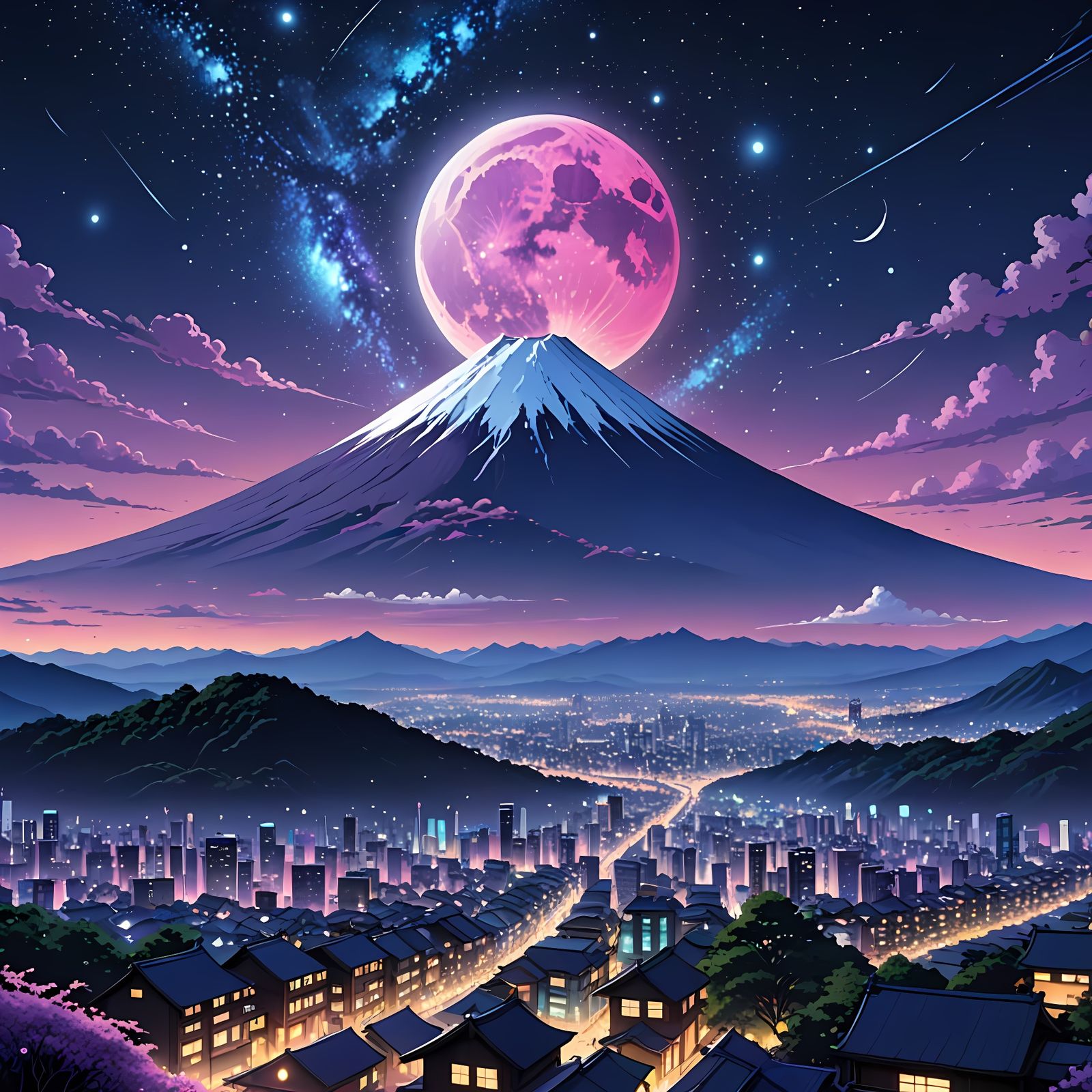 Surreal Cyberpunk Mount Fuji Under Glowing Milky Way