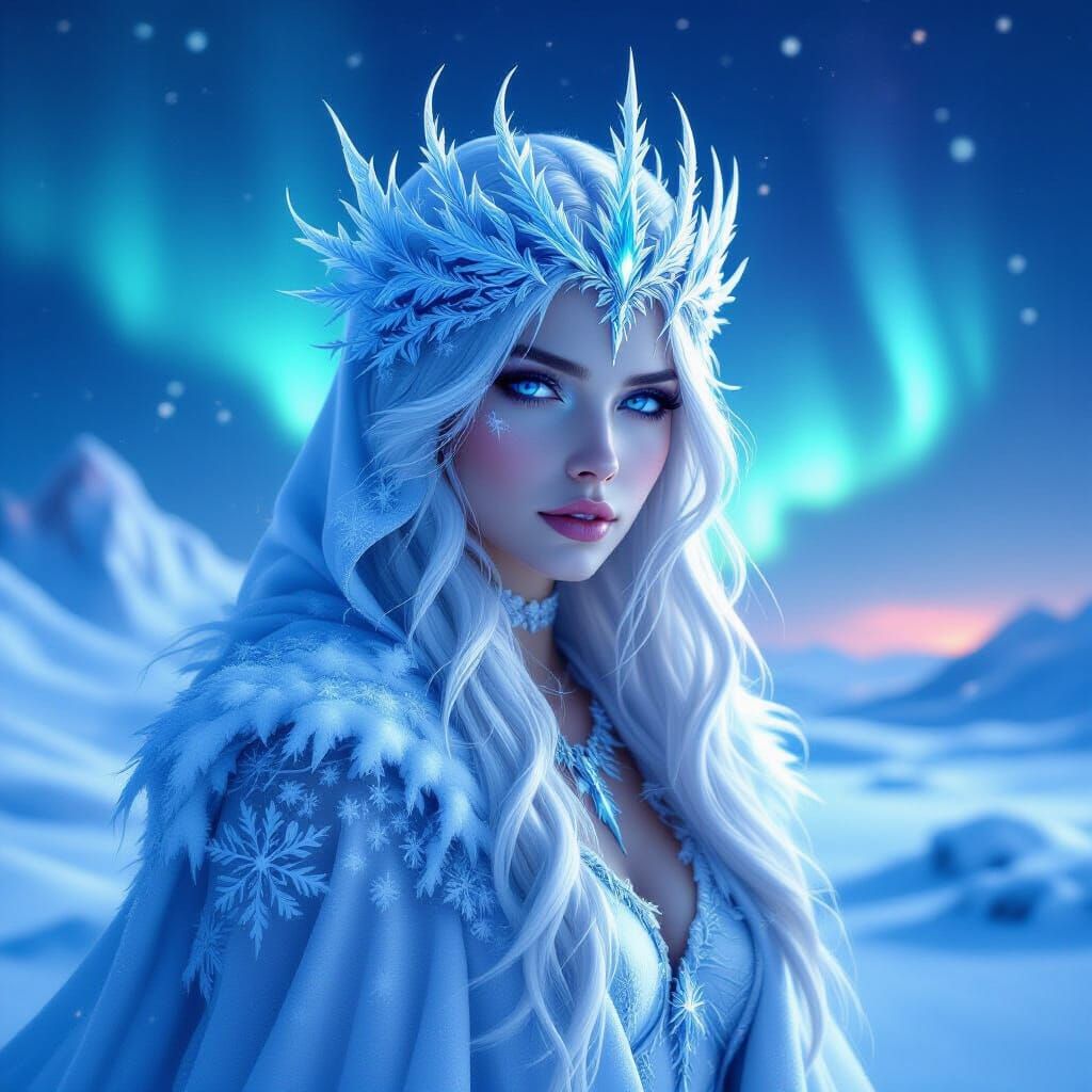 Ethereal Ice Goddess in Aurora Borealis Frozen Tundra