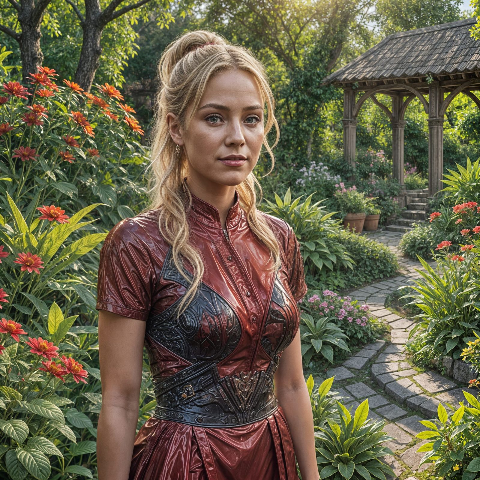 Fantasy Blonde Woman in Red PVC Dress in Garden