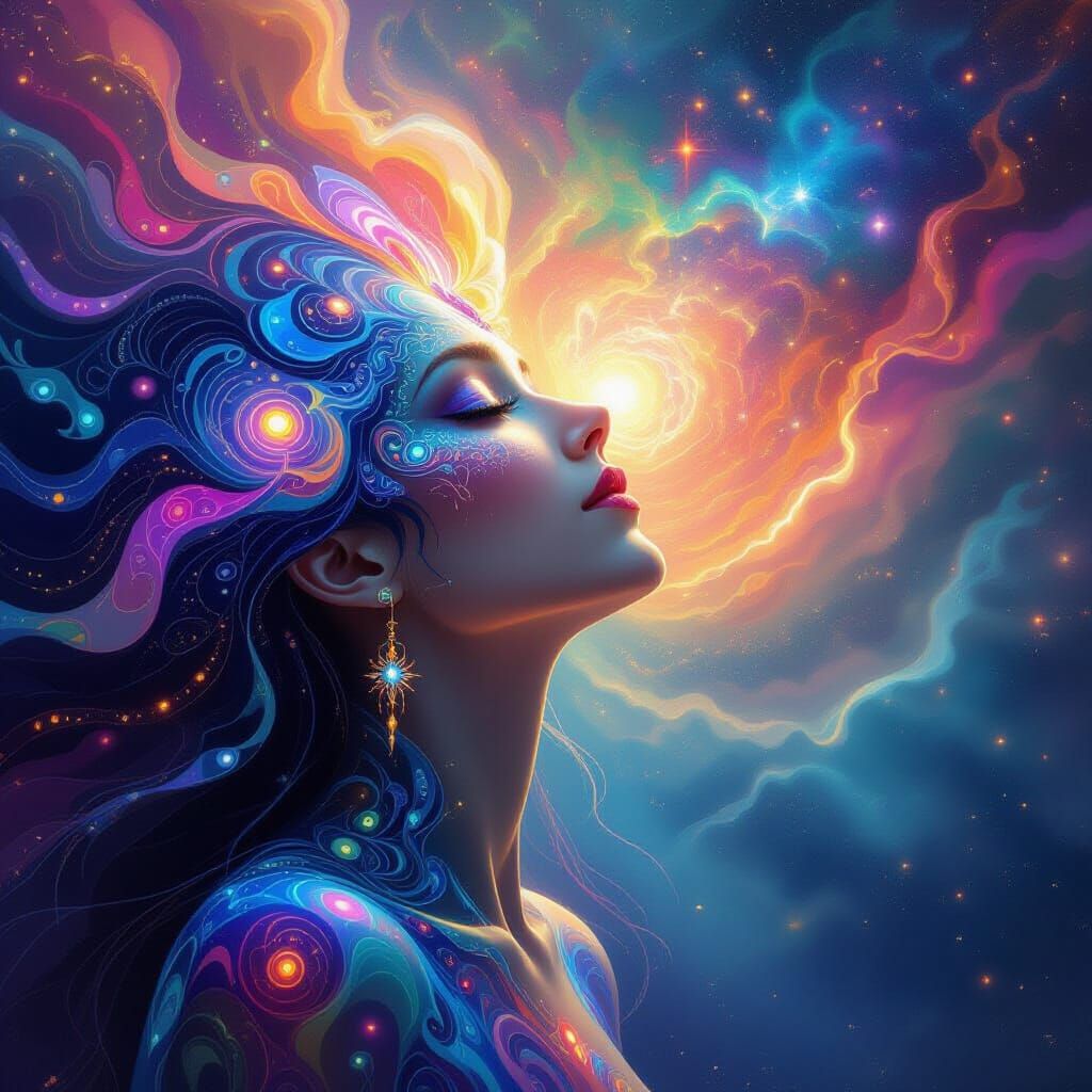 Celestial Being Gazes at Vibrant Nebula in Visionary Art Sty...