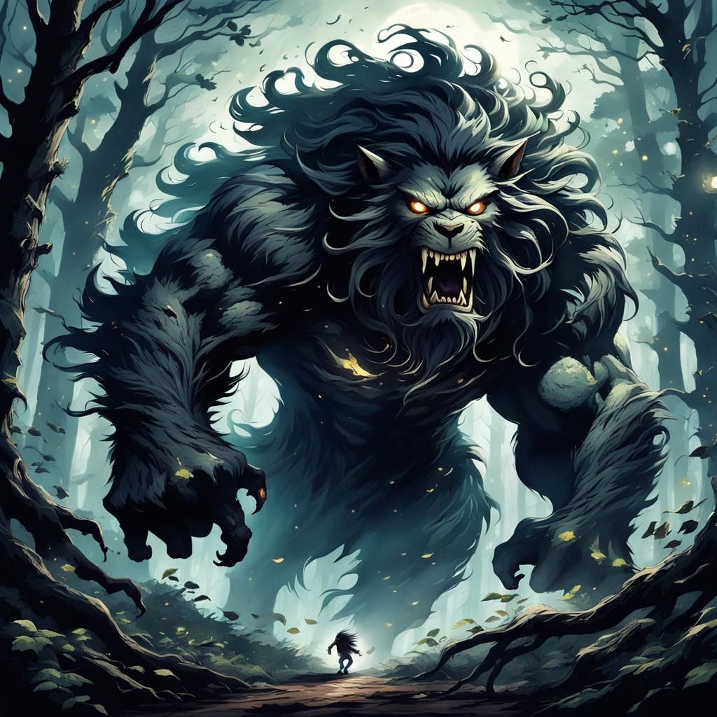 Man Fleeing Monster in Moonlit Forest