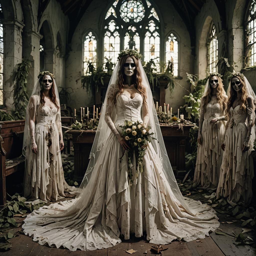 Undead Zombie Bride in Decaying Chapel, Dark Surrealism