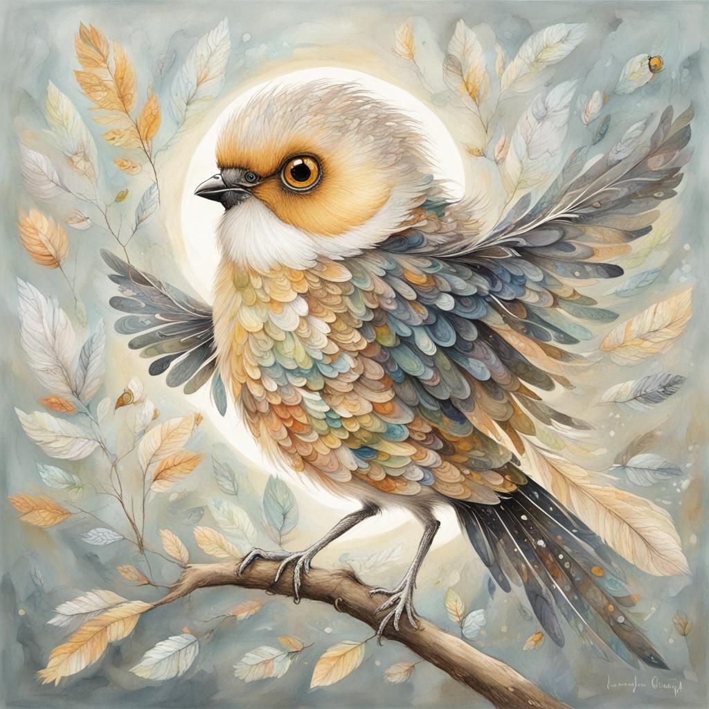 Cute Bird with Prismatic Eyes, Detailed Drawing