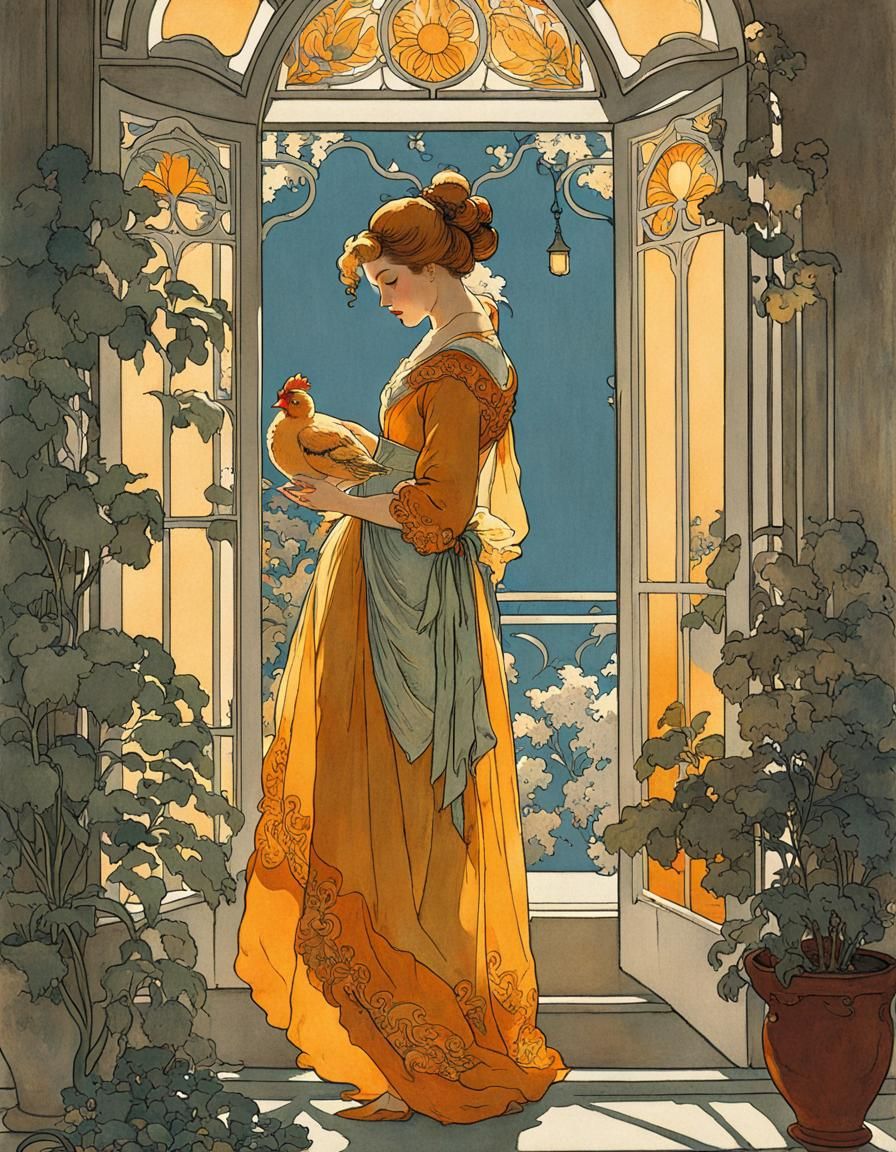 Elegant Lady Holding Chick in 18th Century Setting