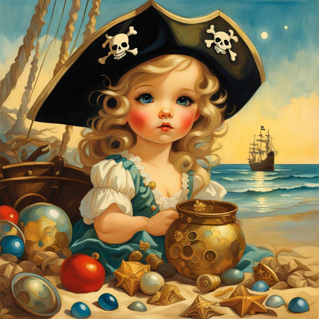 Children Find Pirate Treasure on Beach, Fairytale Illustrati...