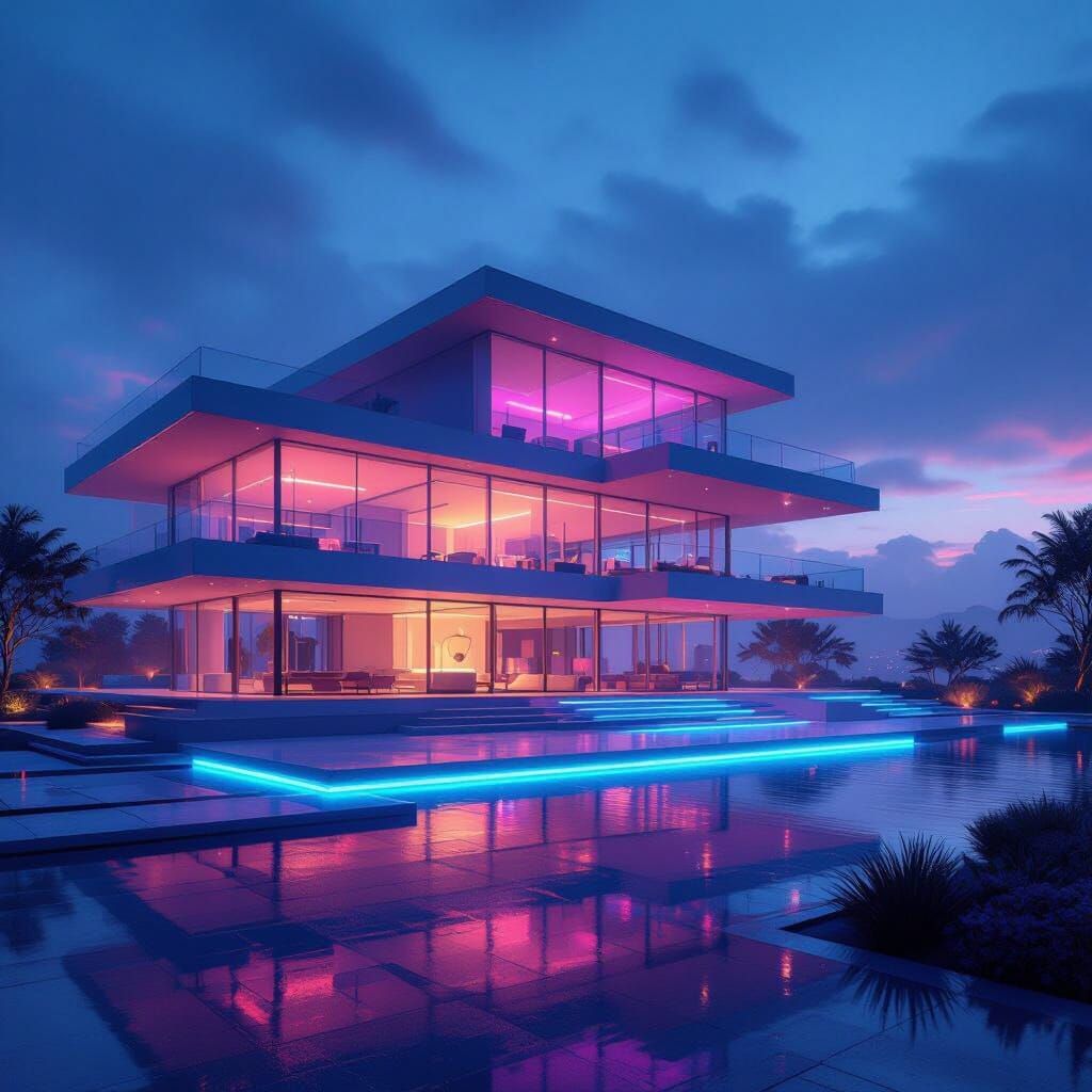 Futuristic Mansion with Vibrant LED Lights