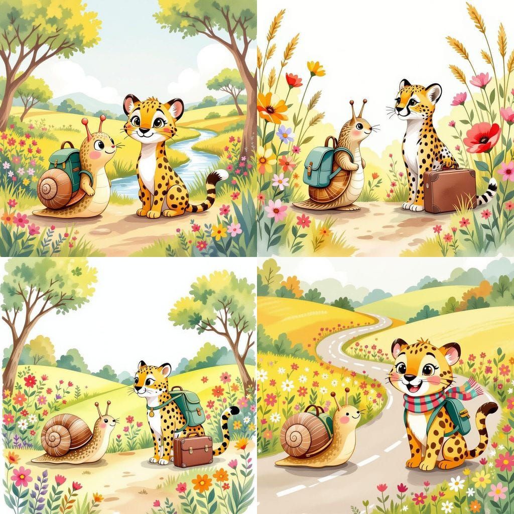 Snail and Cheetah Prepare for a Trip in Watercolor Style