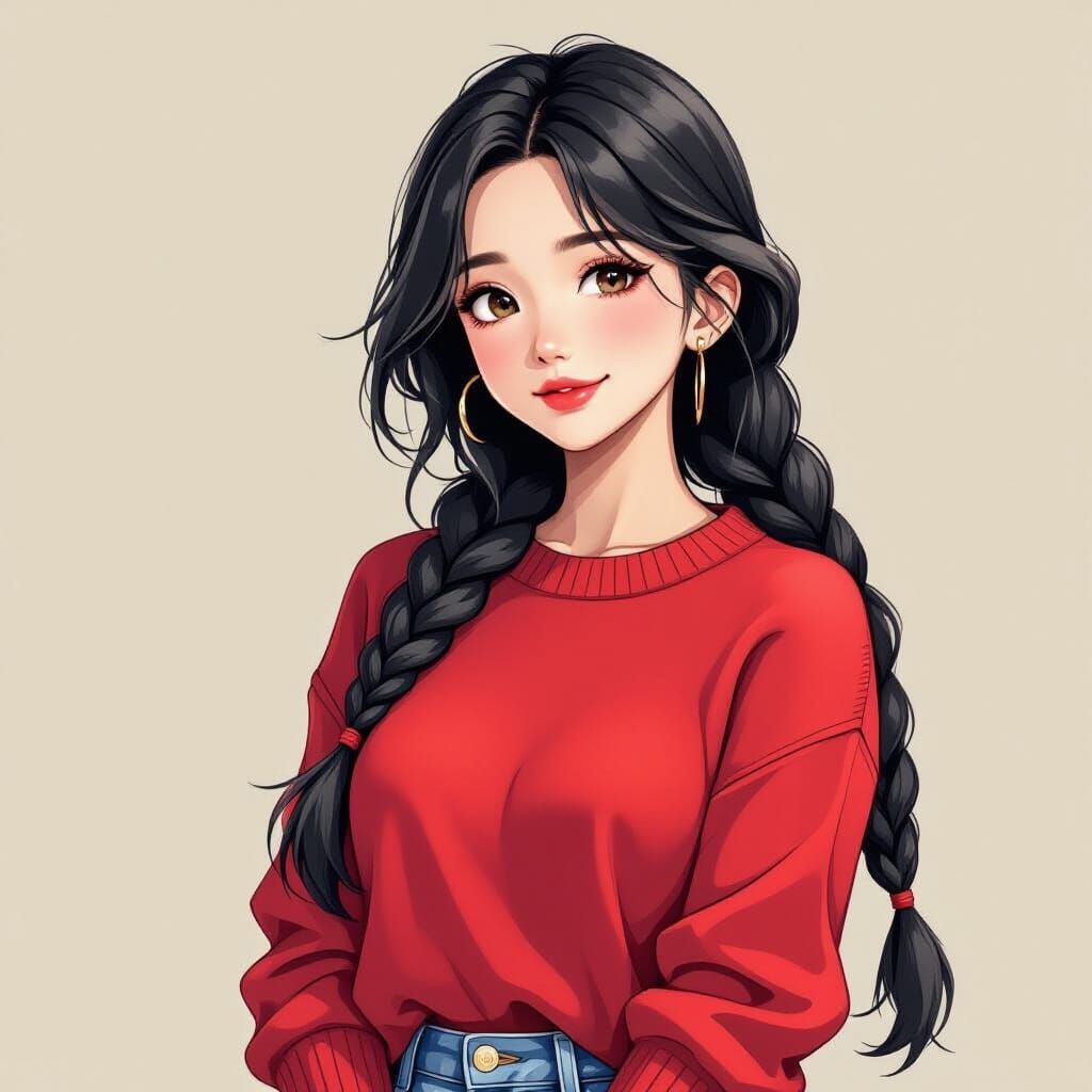 Anime Style Portrait of Woman with Black Fishtail Braid