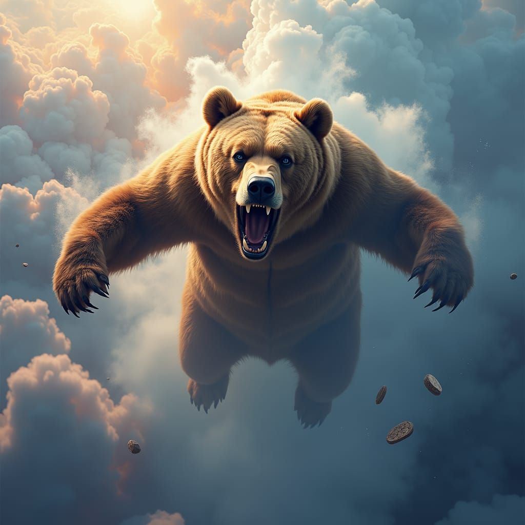Grizzly Bear Skydiving Through Iridescent Clouds