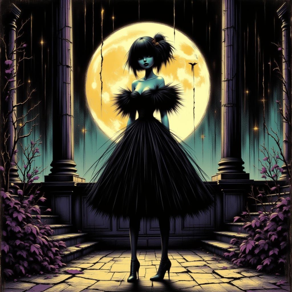 Porcelain Doll in Gothic Mansion Under Luminous Moon